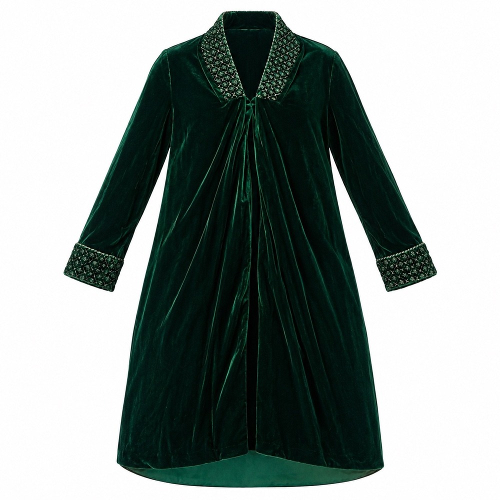 Adonna Emerald Green Velvet Robe Womens Long Embroidered Housecoat Zip Front XL